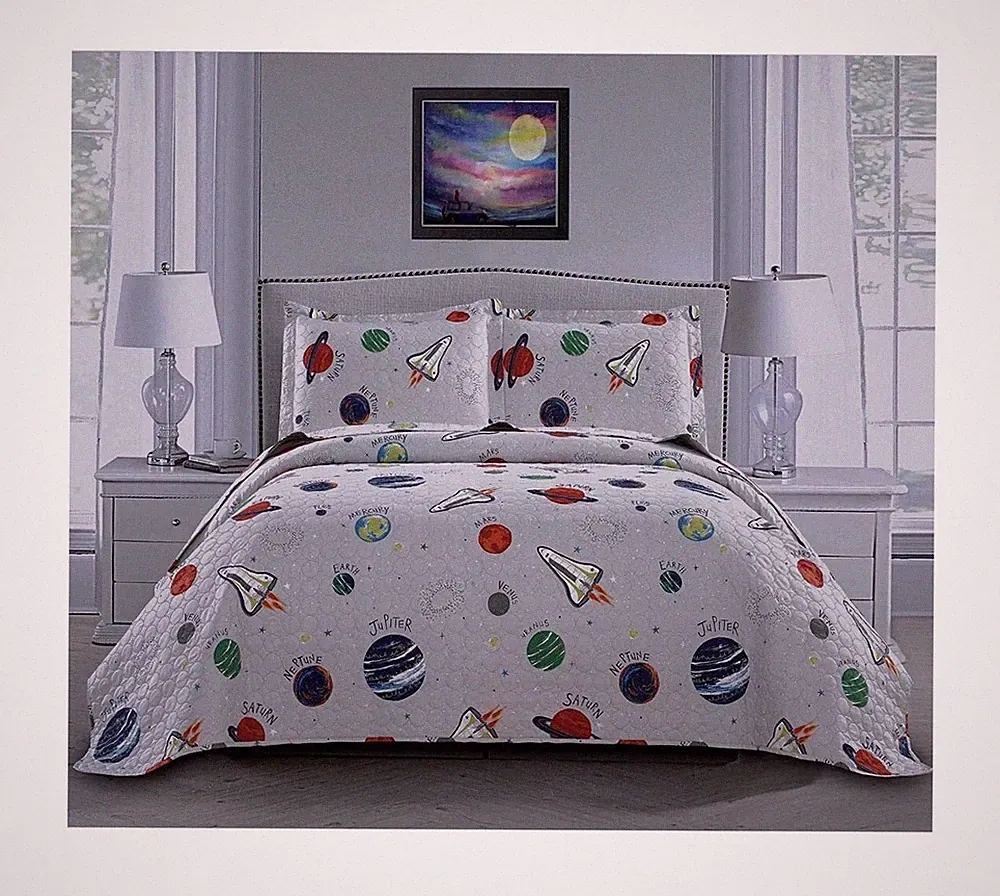 3 Piece Space Quilt Summer Bedspreads Full/Queen Size Kids Planet Bed Cover L...