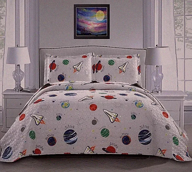 3 Piece Space Quilt Summer Bedspreads Twin Size Kids Planet Bed Cover Lightwe...