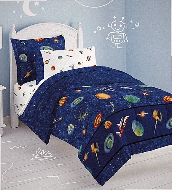 5 Piece- Outer SPACE Reversible Comforter & Sheet Set -ROCKET SHIPS Planets TWIN