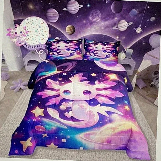 Axolotl Quilt Size for Kids Boys Girls,Galaxy Planet Space Bedding Twin Purple