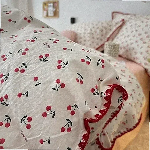 Bedding Set Girls Cherry Soft Washed Cotton Bed Sheet Queen King Size Duvet Set