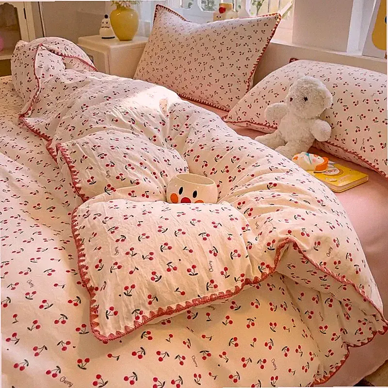 Bedding Set INS Cherry Soft Washed Cotton Bed Sheet Queen King Size Duvet Set