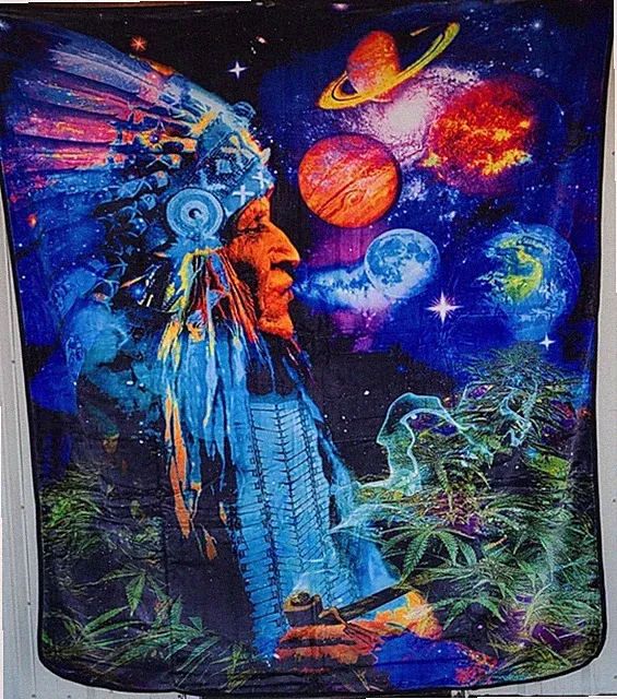 INDIAN CHIEF PEACE PLANETS STARS WEED POT MARIJUANA QUEEN SIZE BLANKET BEDSPREAD