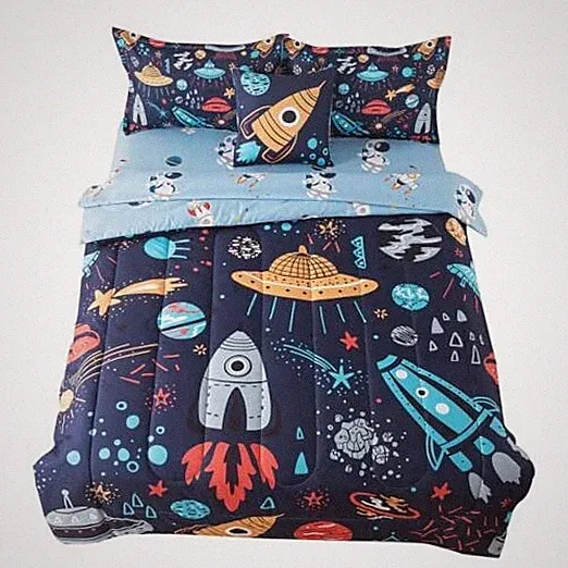 Kids Bedding Set 6 Pieces 3D Rocket Planets Comforter for Boys Twin Space