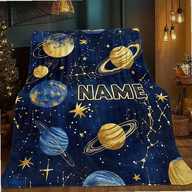 Personalized Space Planets Flannel Blanket Custom Name Cozy Throw