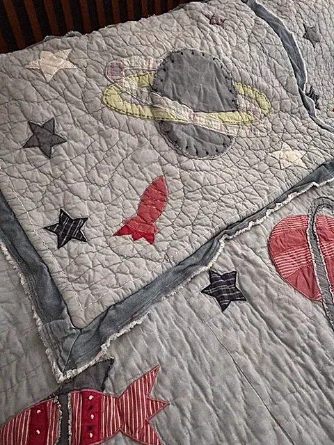 Pottery Barn Kids Rocket Planets Quilt Coverlet Shams Chambray Denim F/Q 86x84