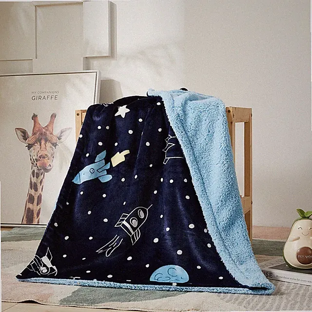 Printed Baby Kids Soft Warm Flannel Fleece Kiddie Throw Sherpa Blanket, Rockets