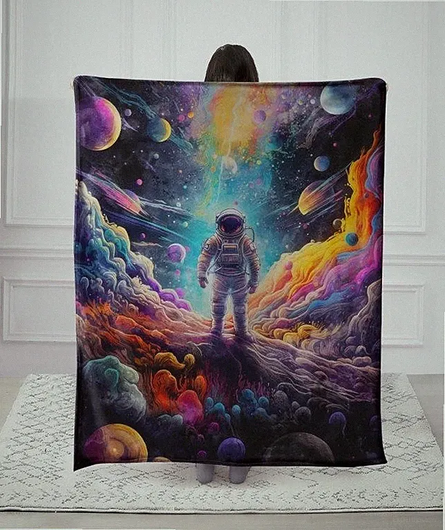 Psychedelic Astronaut Planet Sky Space Quality Faux Fur Throw Blanket Super Soft