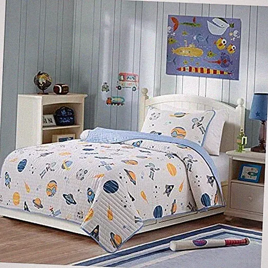 Quilt Set - Size with 1 Sham, Rocket and Planet Galaxy Twin Space Adventure