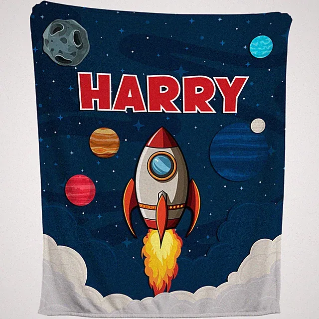 Rocket Ship Blanket - Personalized Space Planets Fleece Throw, Custom Kids Gift