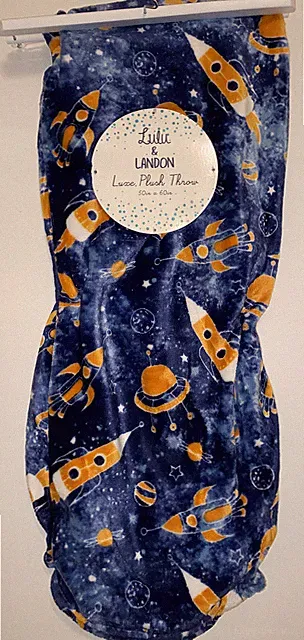 Rocket Ship Outer Space Throw Blanket 50 x 60 Stars Planets UFO blue orange