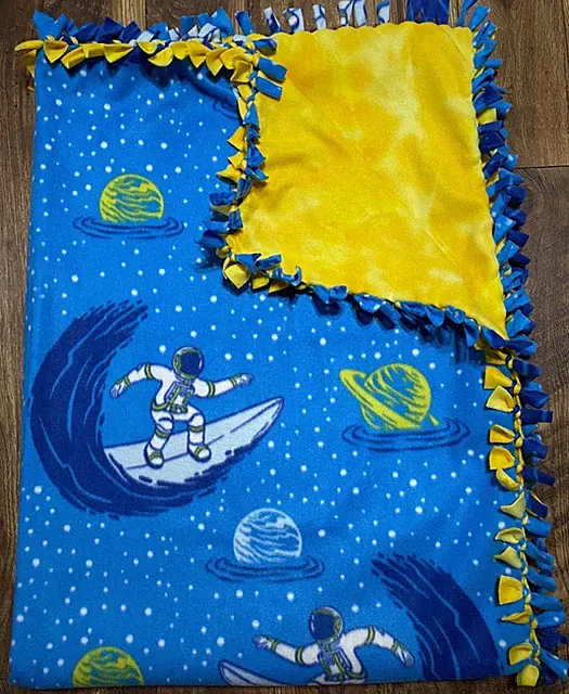 Surfing Astronaut Planets Fleece Thick Tie Throw Blanket