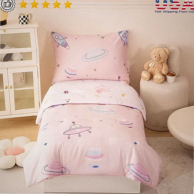 Toddler Bedding Set 4 Piece Space Comforter Sheets Astronaut Planets Kids Sleep