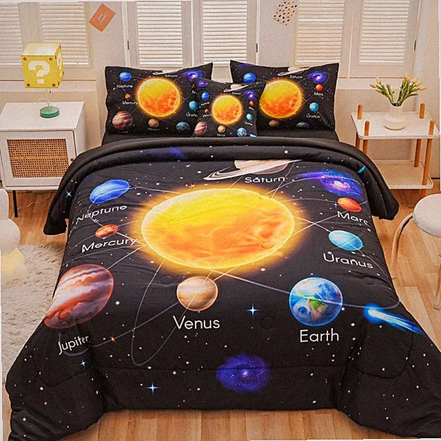 Twin Solar System Comforter Set for Boys - 6 Pcs Space Bedding with Sheets