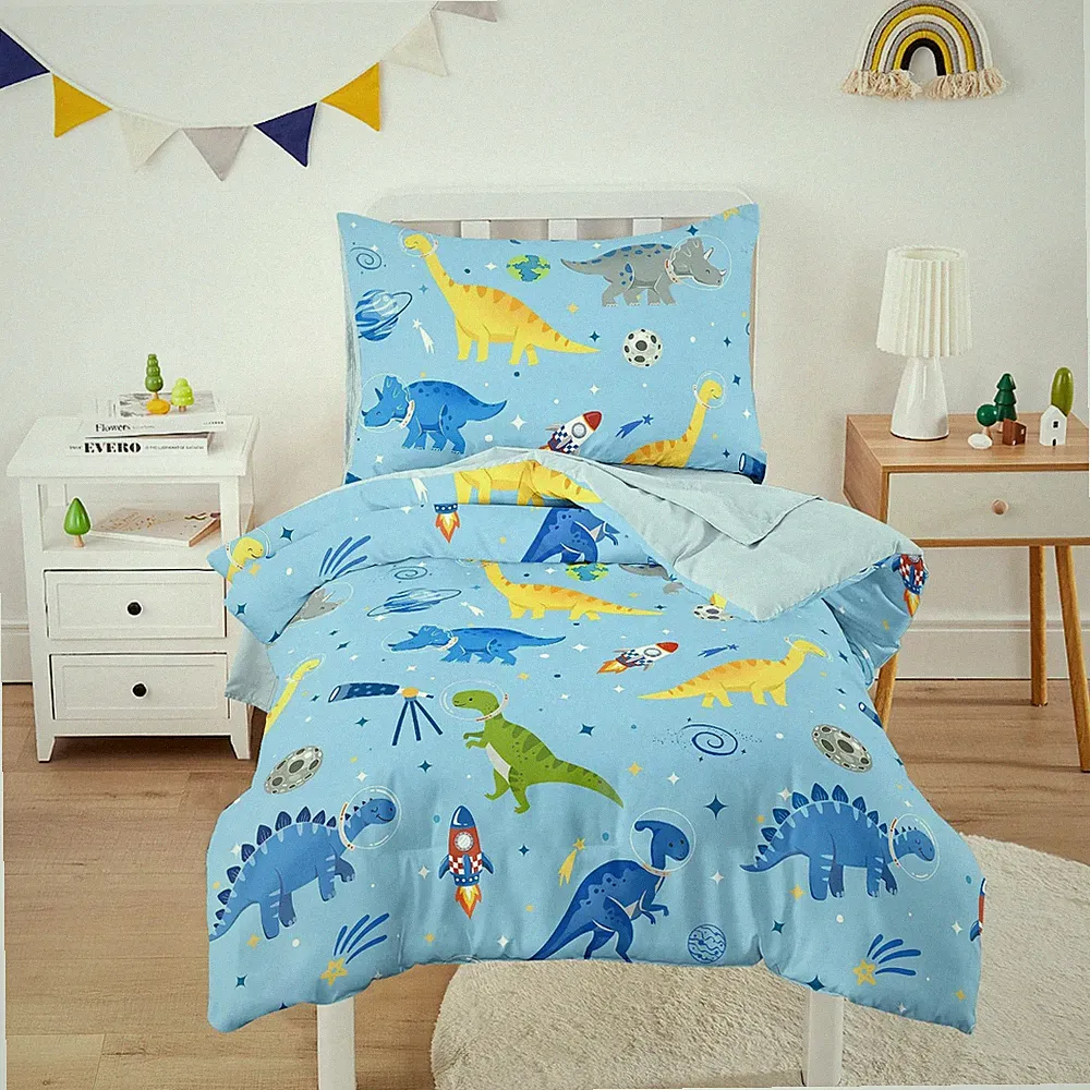 Wake In Cloud - Dinosaur Toddler Bedding Set for Boys, Dino Astronauts Rocket Sp